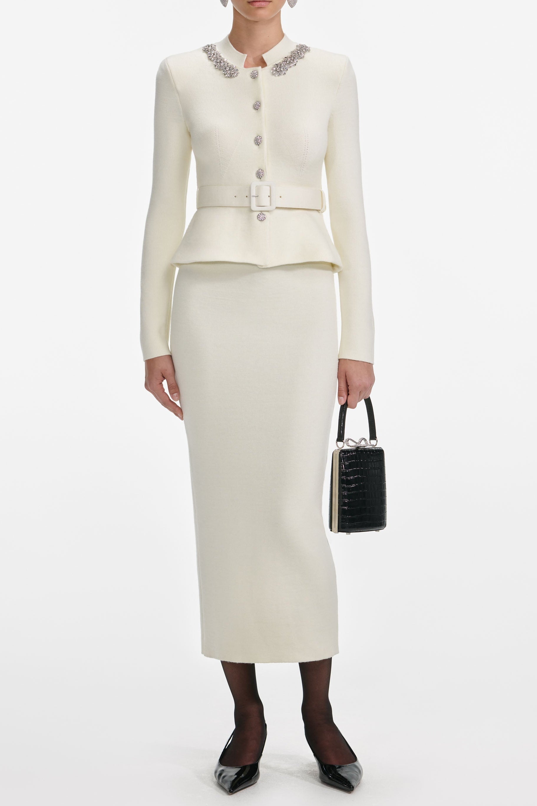 Cream Wool Peplum Knit Midi Dress