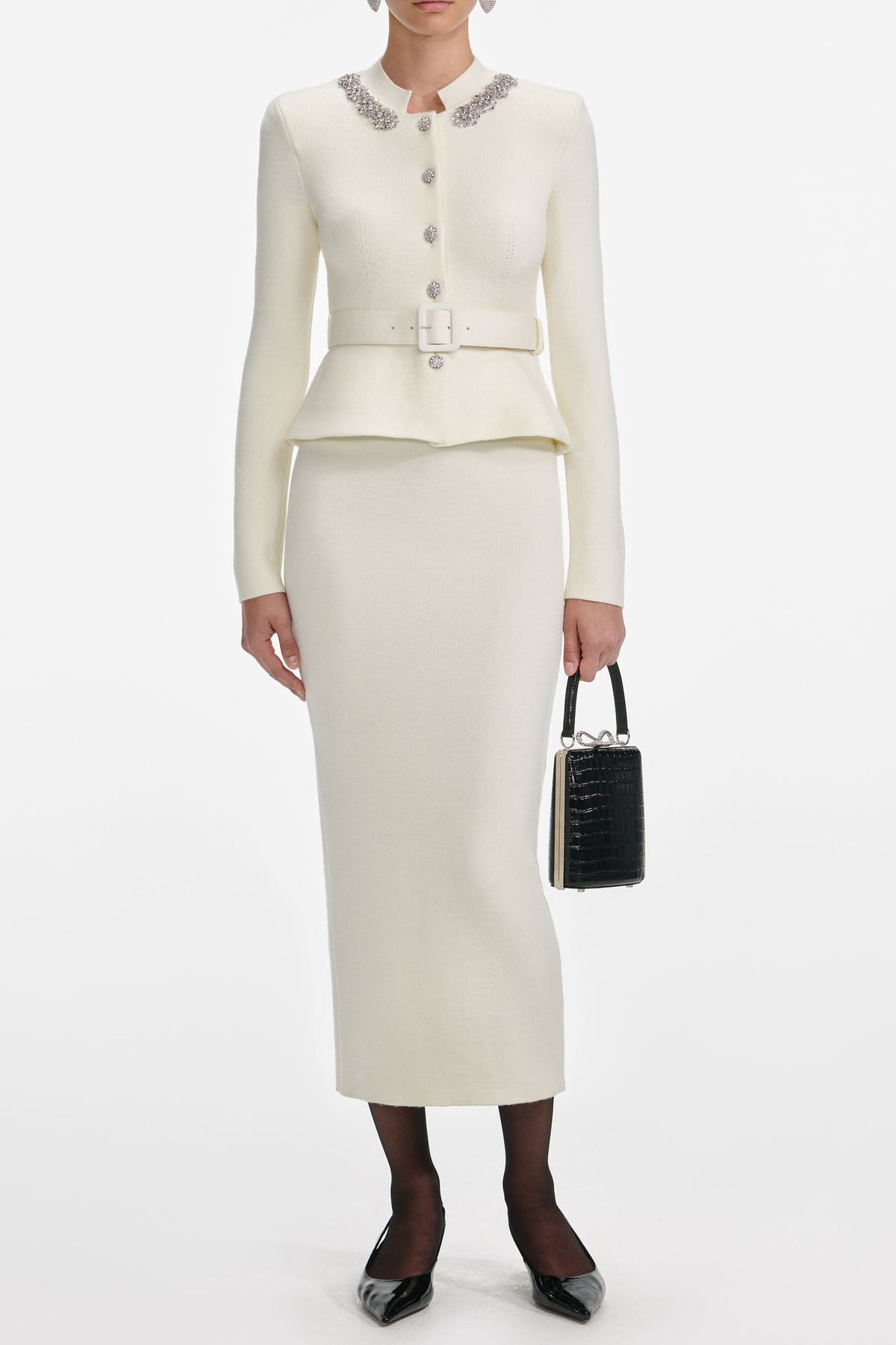 Cream Wool Peplum Knit Midi Dress