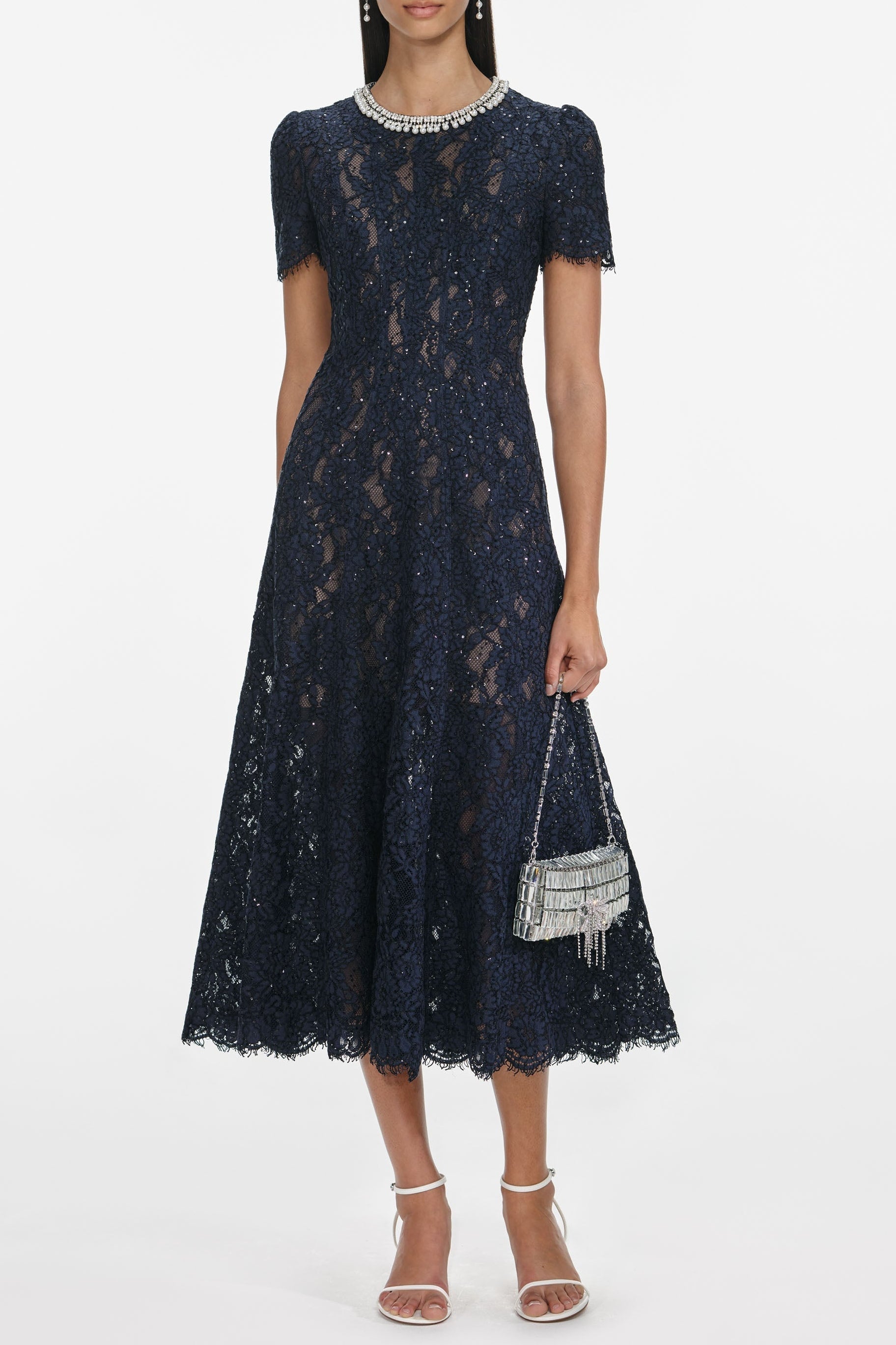 Navy Lace Embellished Midi Dress