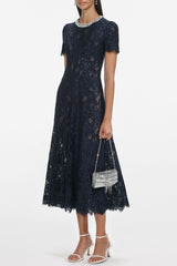Navy Lace Embellished Midi Dress