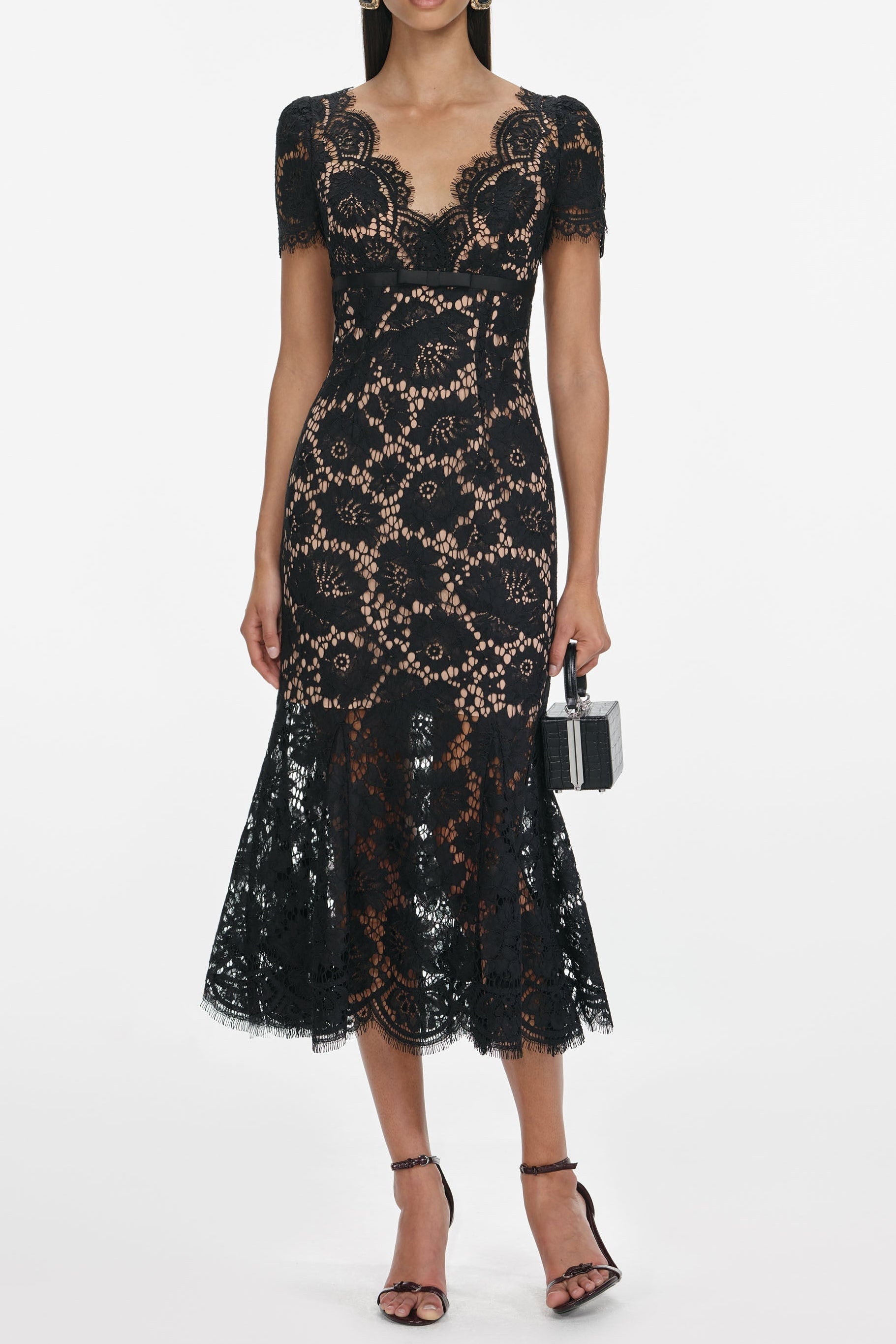 Floral Lace Hollow Midi Dress in Black