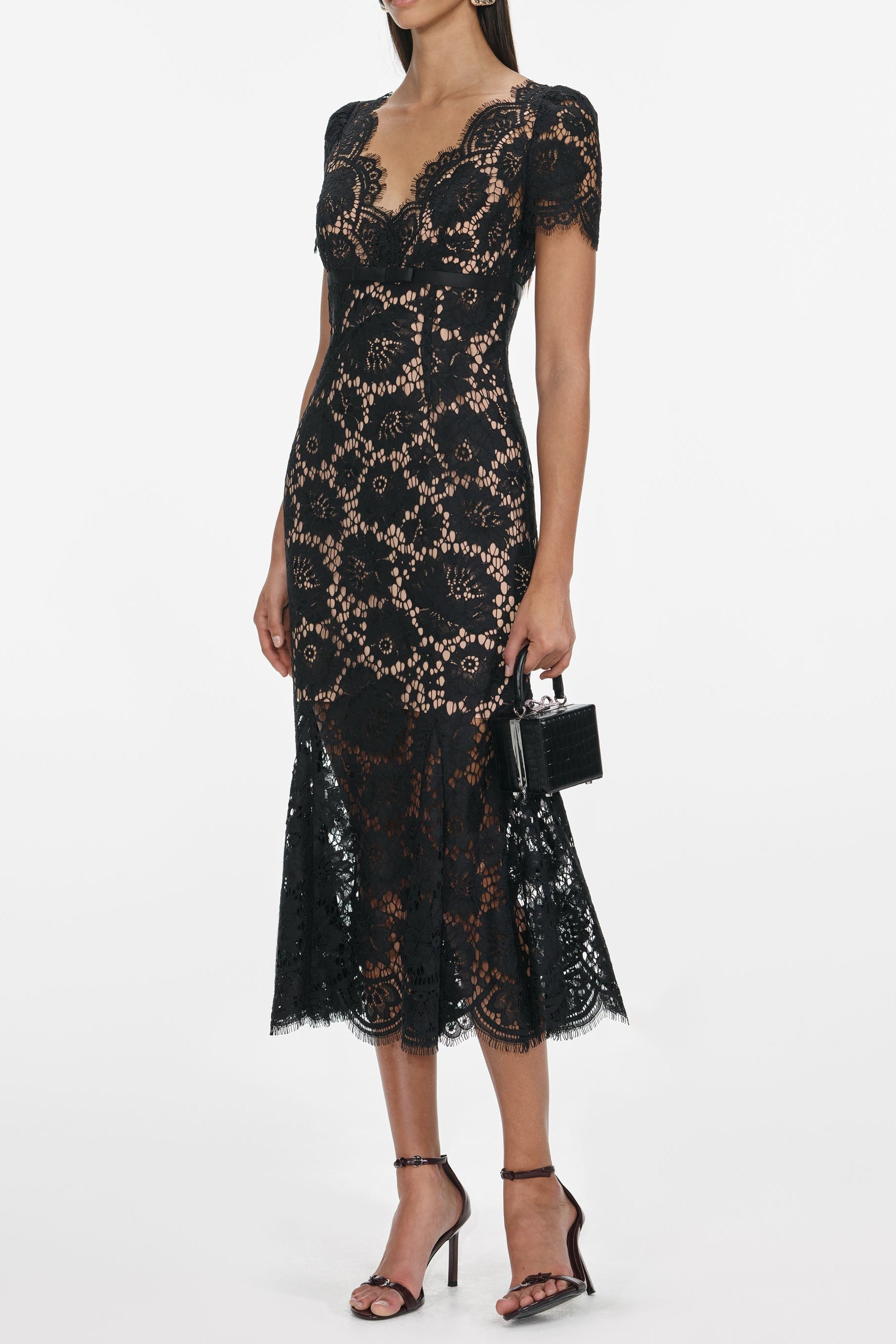 Floral Lace Hollow Midi Dress in Black