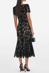 Floral Lace Hollow Midi Dress in Black