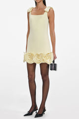 Yellow Crepe 3D Flower Mini Dress