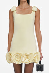 Yellow Crepe 3D Flower Mini Dress