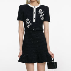 Black Floral Textured Knit Mini Dress