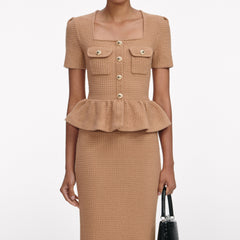 Camel Peplum Knit Midi Dress
