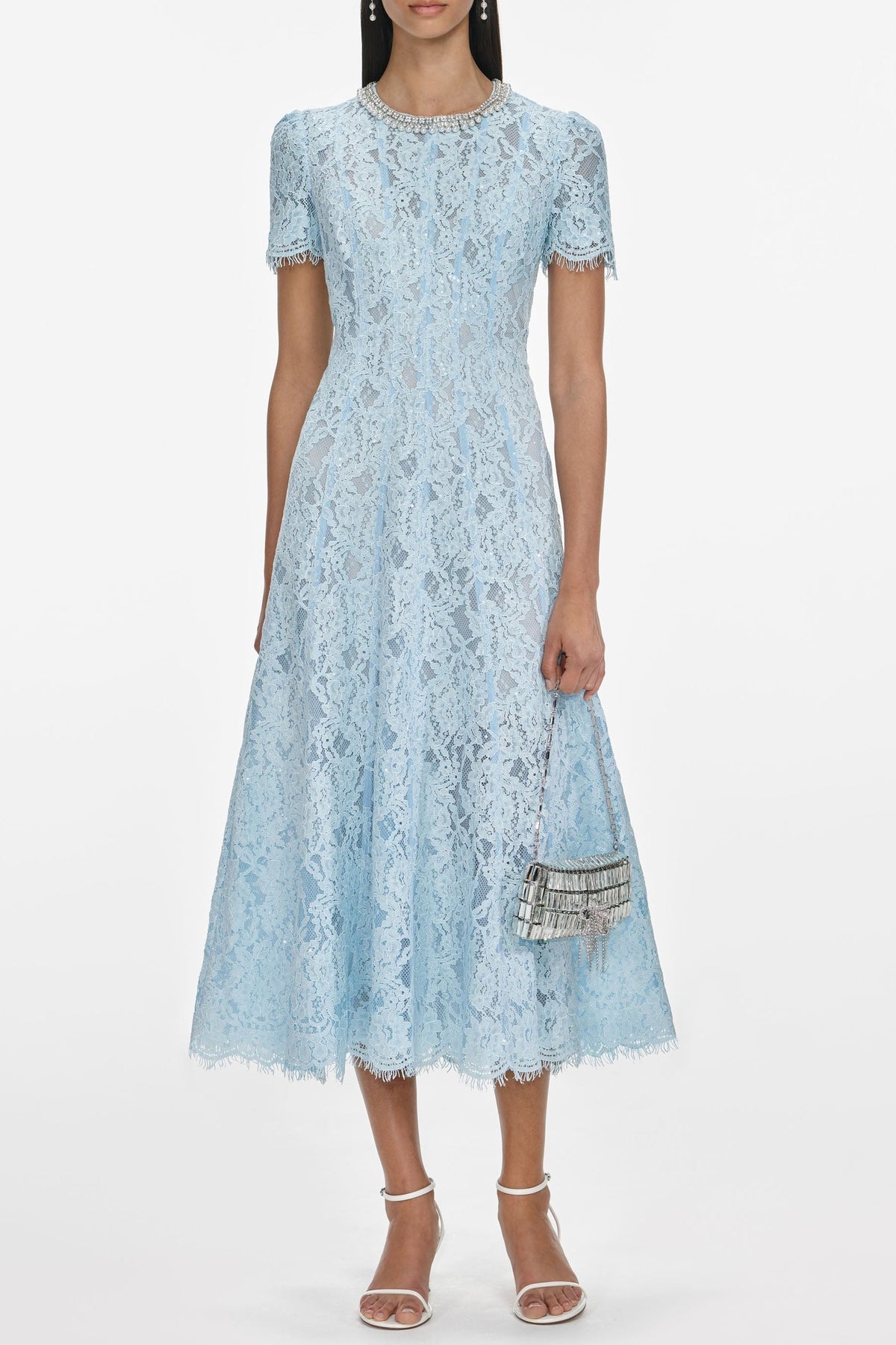Blue Lace Embellished Midi Dress