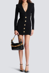 Buttoned Ribbed Knit Mini Dress - Black