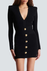 Buttoned Ribbed Knit Mini Dress - Black