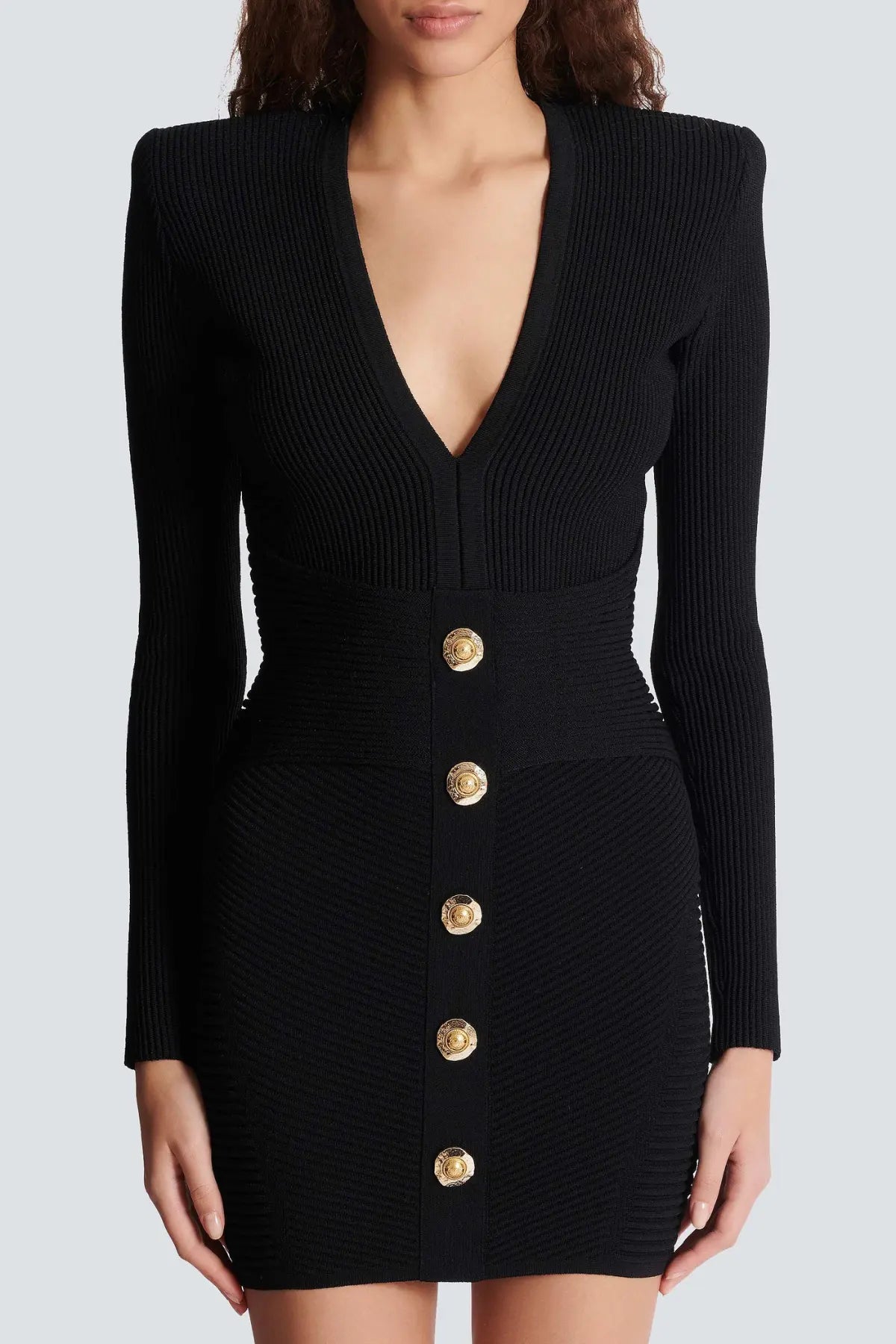 Buttoned Ribbed Knit Mini Dress - Black