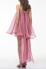 Rose Pink Off Shoulder Ruched Mini Dress with Ribbon