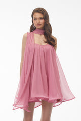 Rose Pink Off Shoulder Ruched Mini Dress with Ribbon