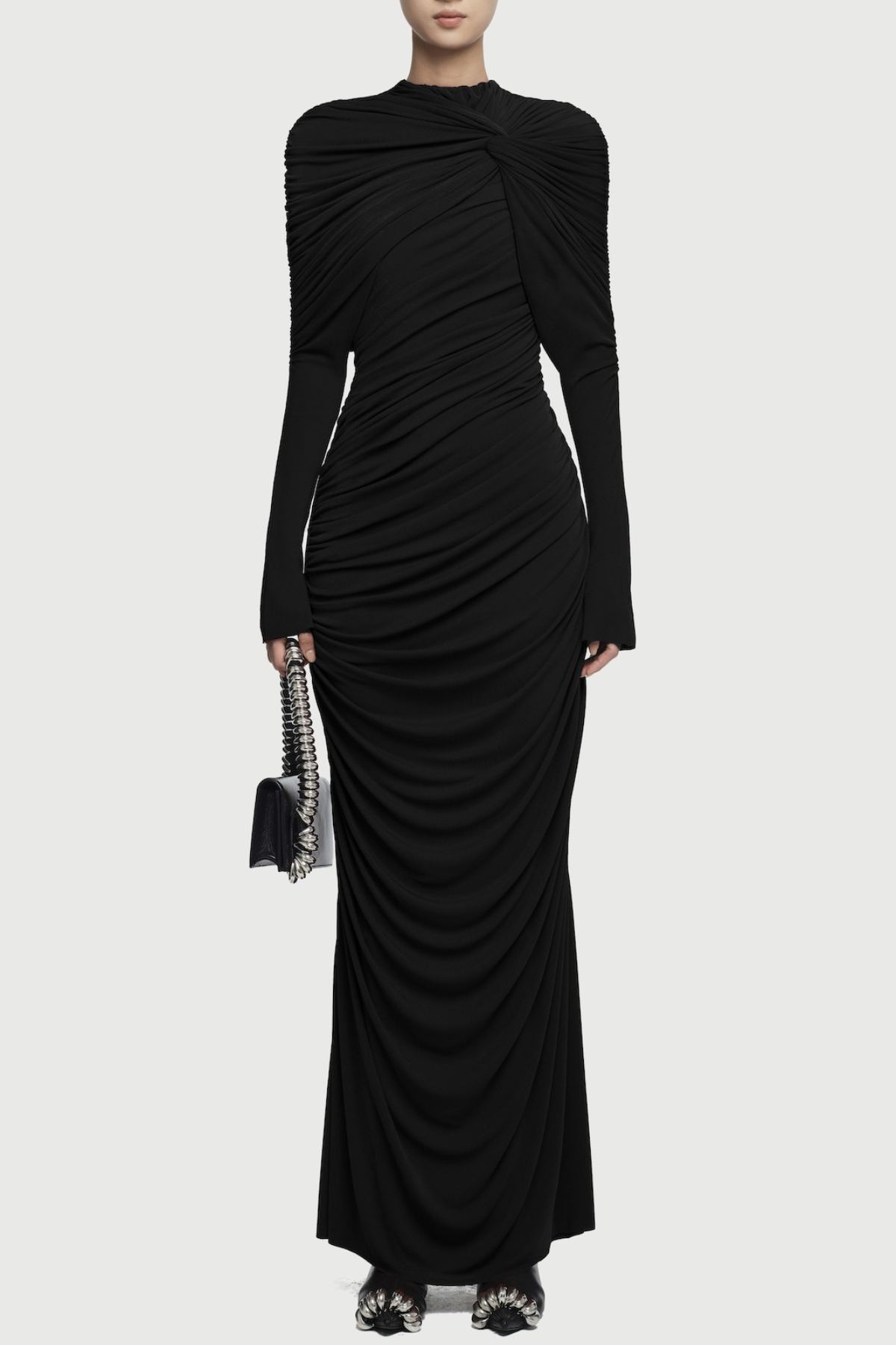 Long Sleeve Knot Bodycon Maxi Dress in Black