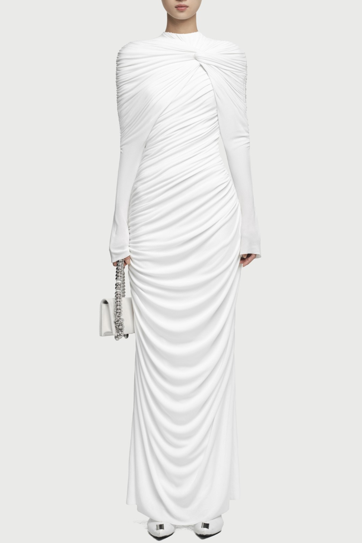Long Sleeve Knot Bodycon Maxi Dress in White