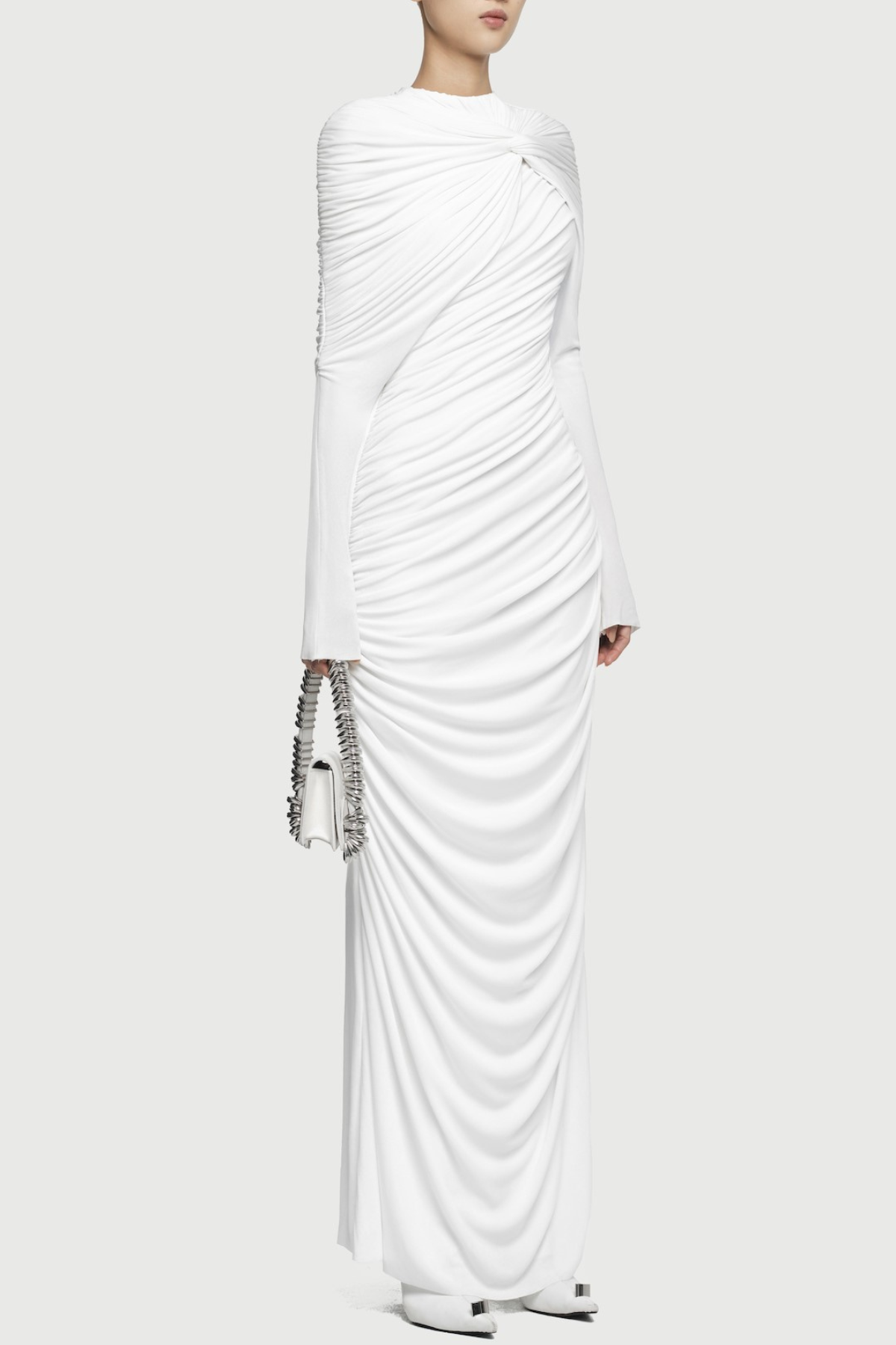 Long Sleeve Knot Bodycon Maxi Dress in White