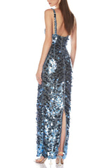 Deep V-Neck Sequin Column Gown in Blue