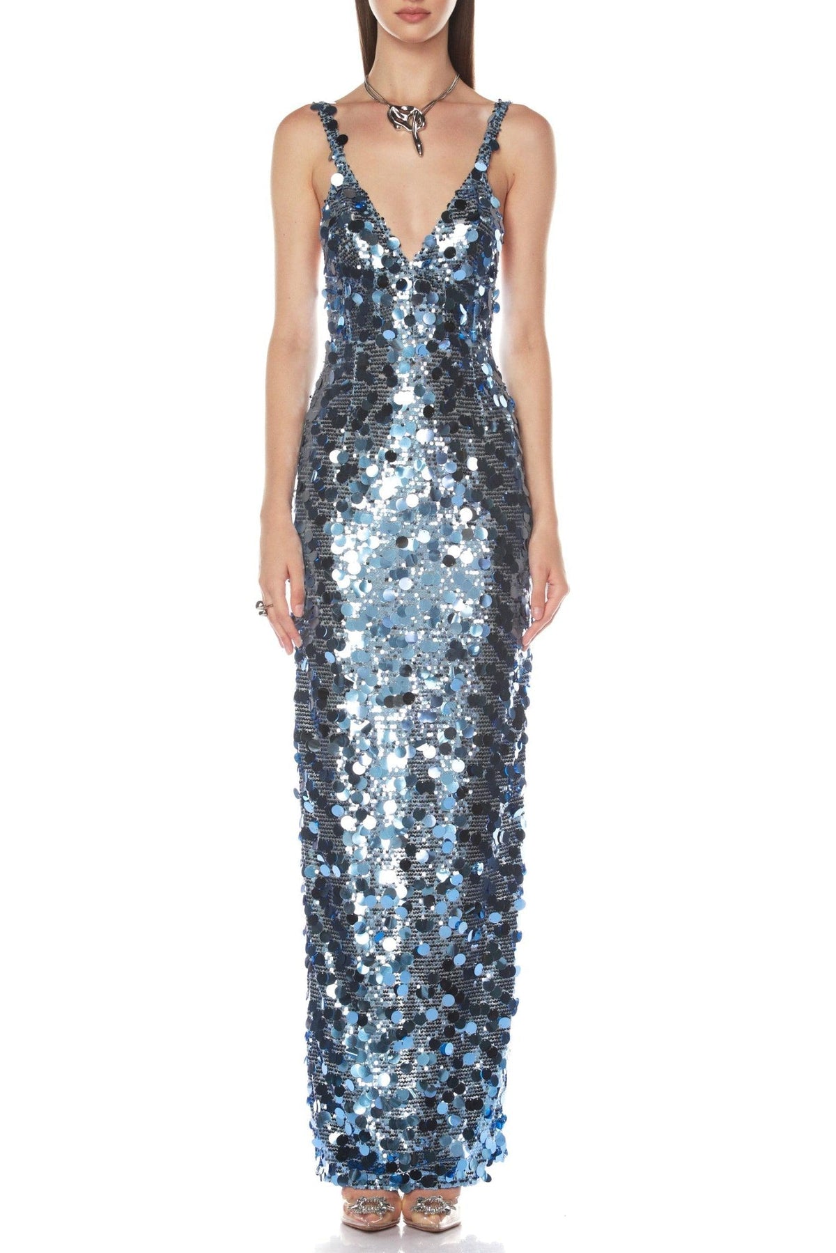 Deep V-Neck Sequin Column Gown in Blue