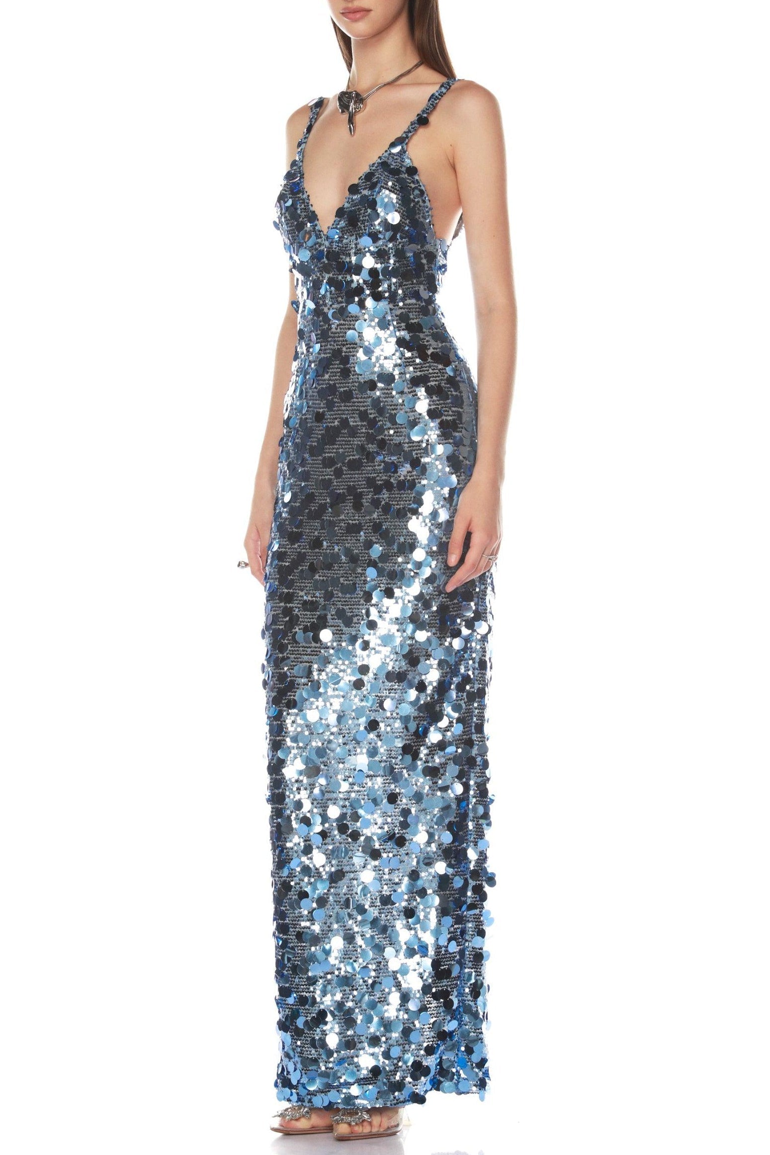 Deep V-Neck Sequin Column Gown in Blue