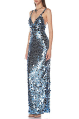 Deep V-Neck Sequin Column Gown in Blue
