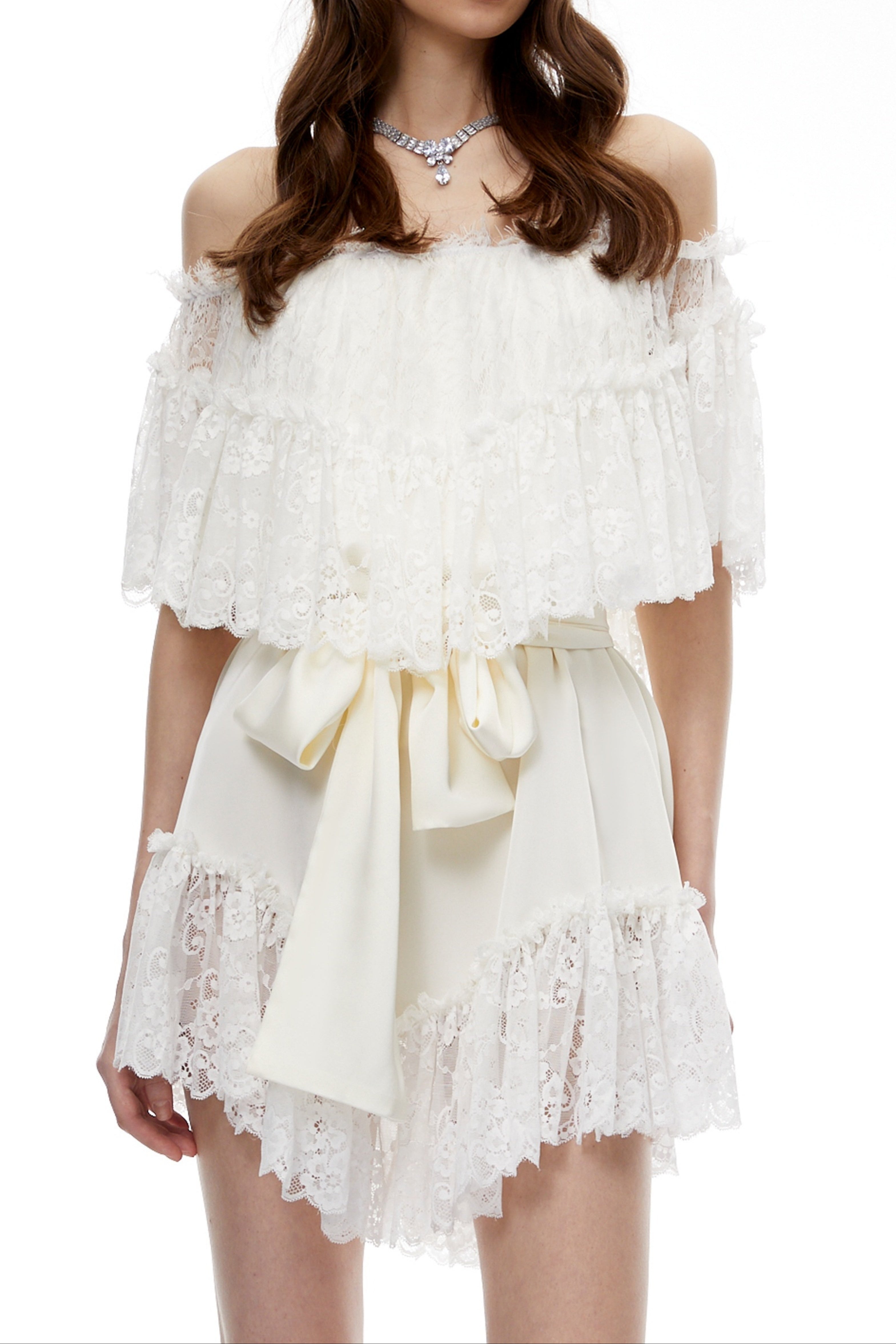 Off Shoulder Ruffled Lace Satin Two Piece Short Set