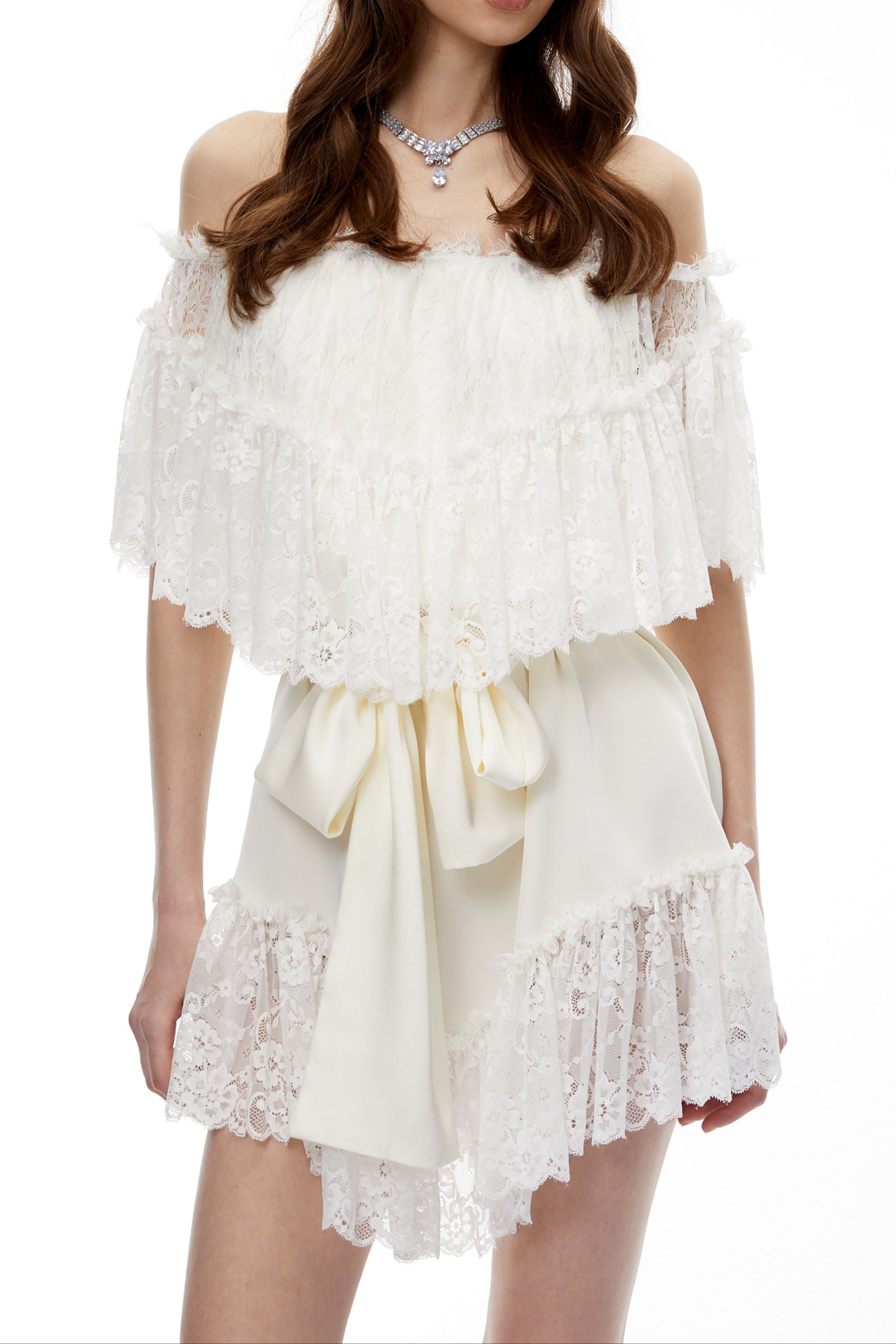 Off Shoulder Ruffled Lace Satin Two Piece Short Set