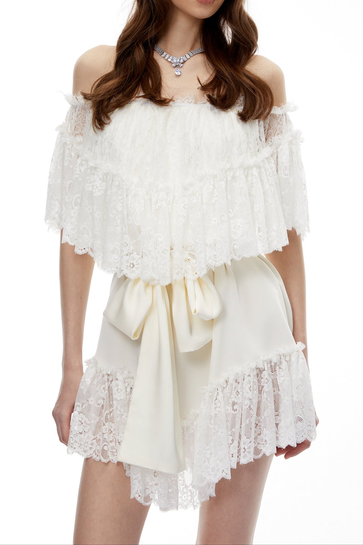 Off Shoulder Ruffled Lace Satin Two Piece Short Set