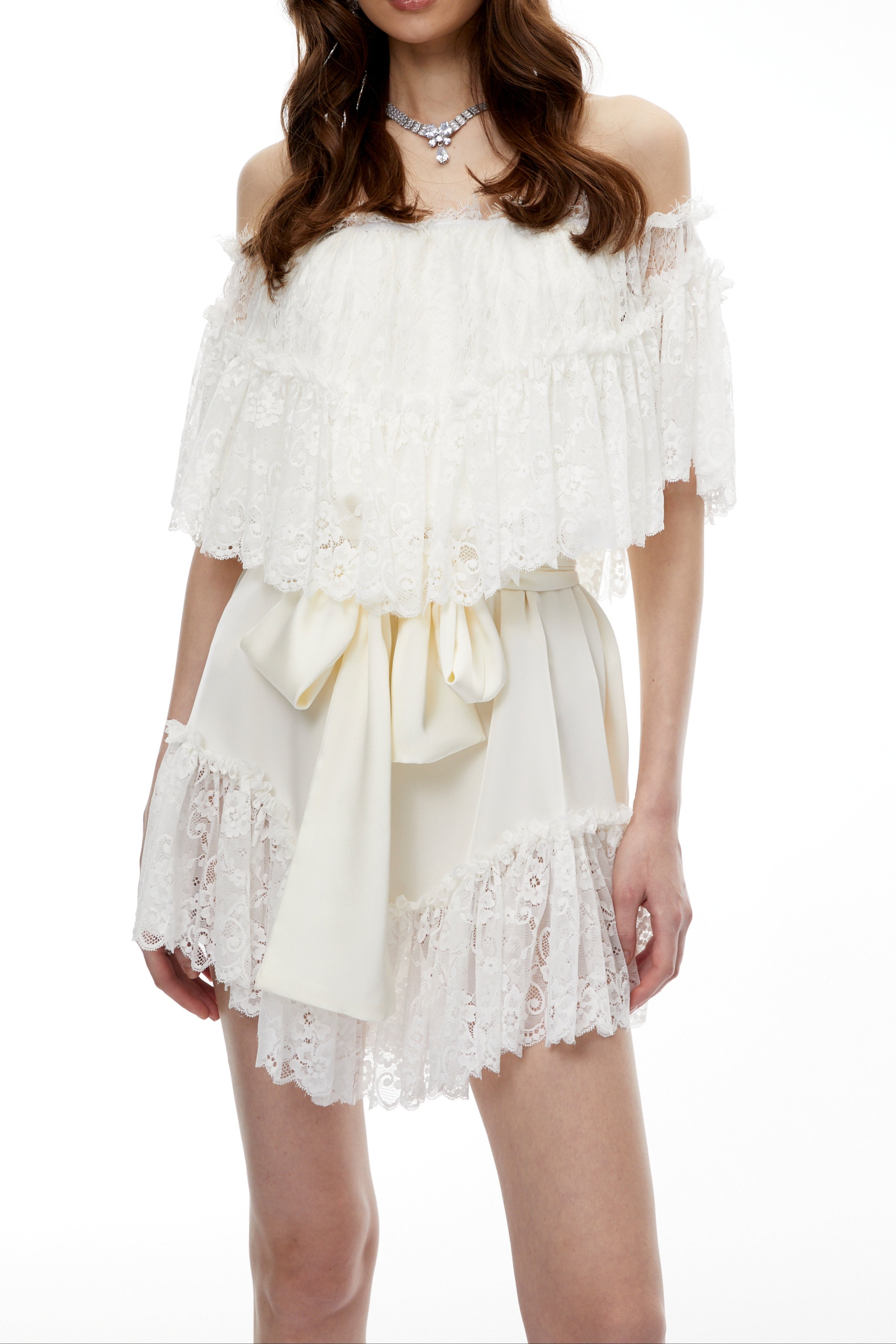 Off Shoulder Ruffled Lace Satin Two Piece Short Set