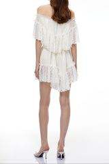 Off Shoulder Ruffled Lace Satin Two Piece Short Set