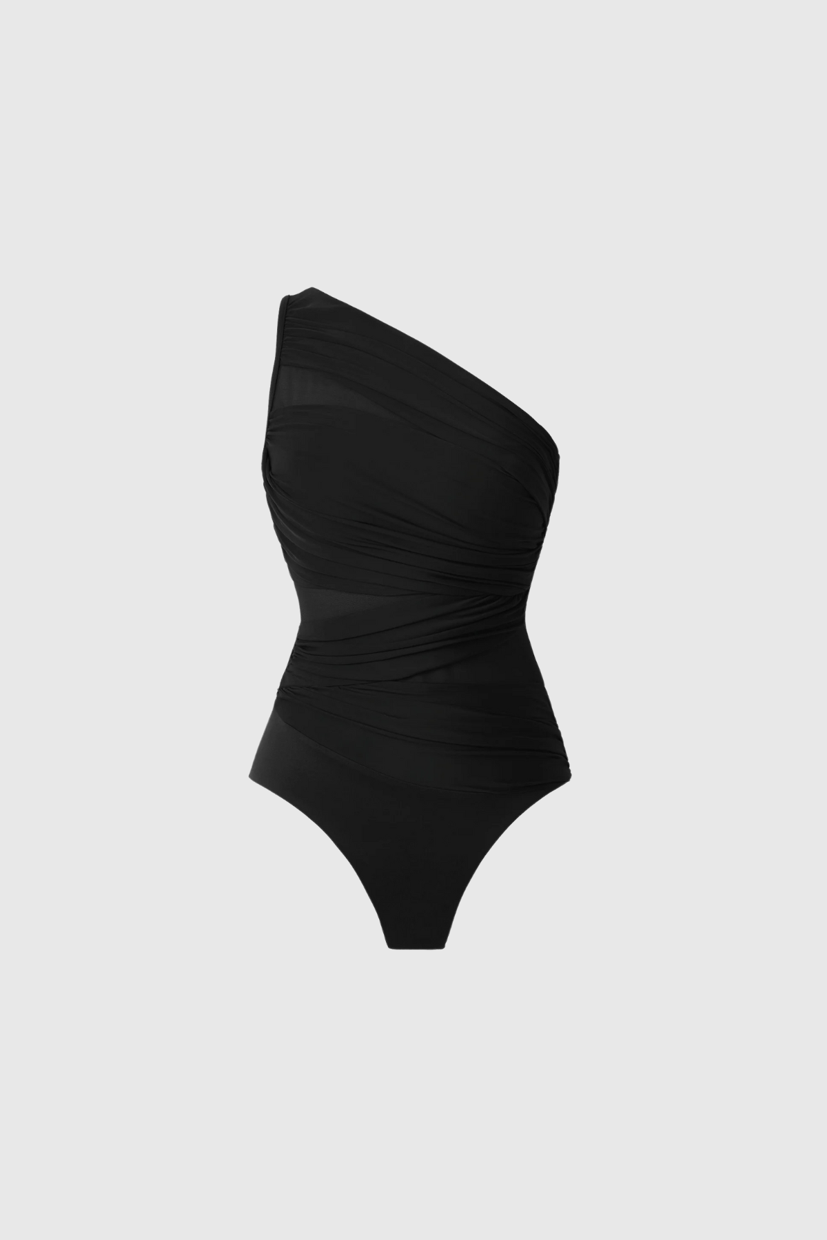 Single Shoulder Mesh Ruch Swimsuit In Black