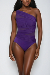 Single Shoulder Mesh Ruch Swimsuit In Purple
