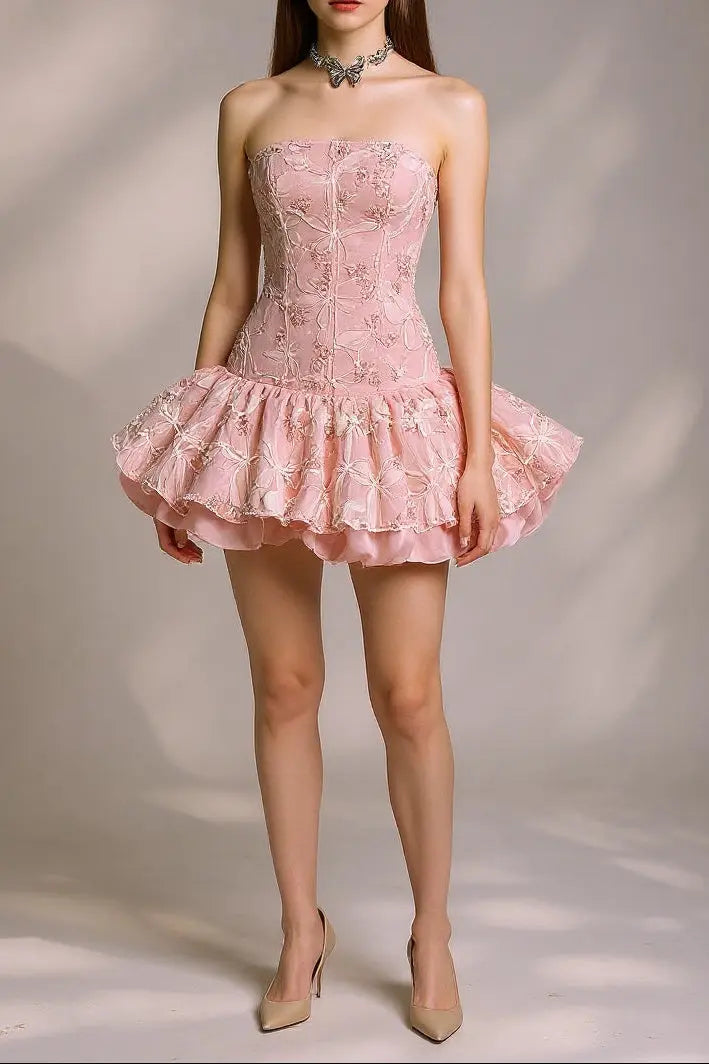 Embroidered Lace Ruffle Mini Dress in Pink