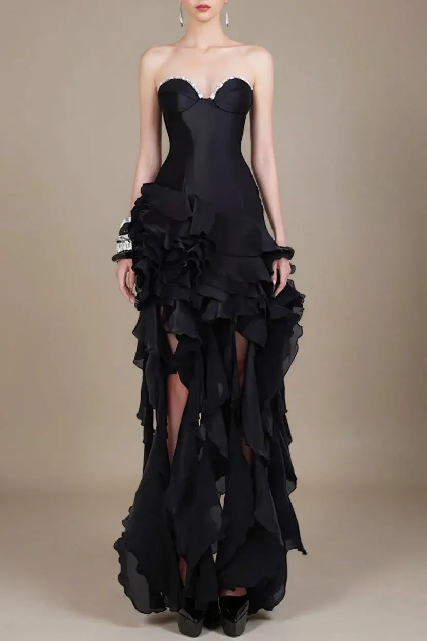 Ruffle Crystal Midi Dress in Black