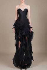 Ruffle Crystal Midi Dress in Black