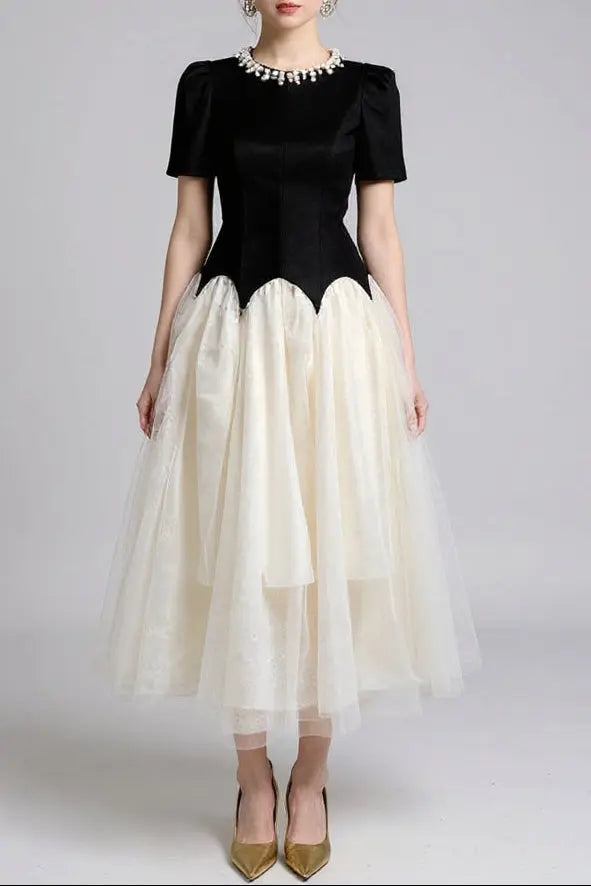 Black-White Rhinestone Neck Maxi Dress