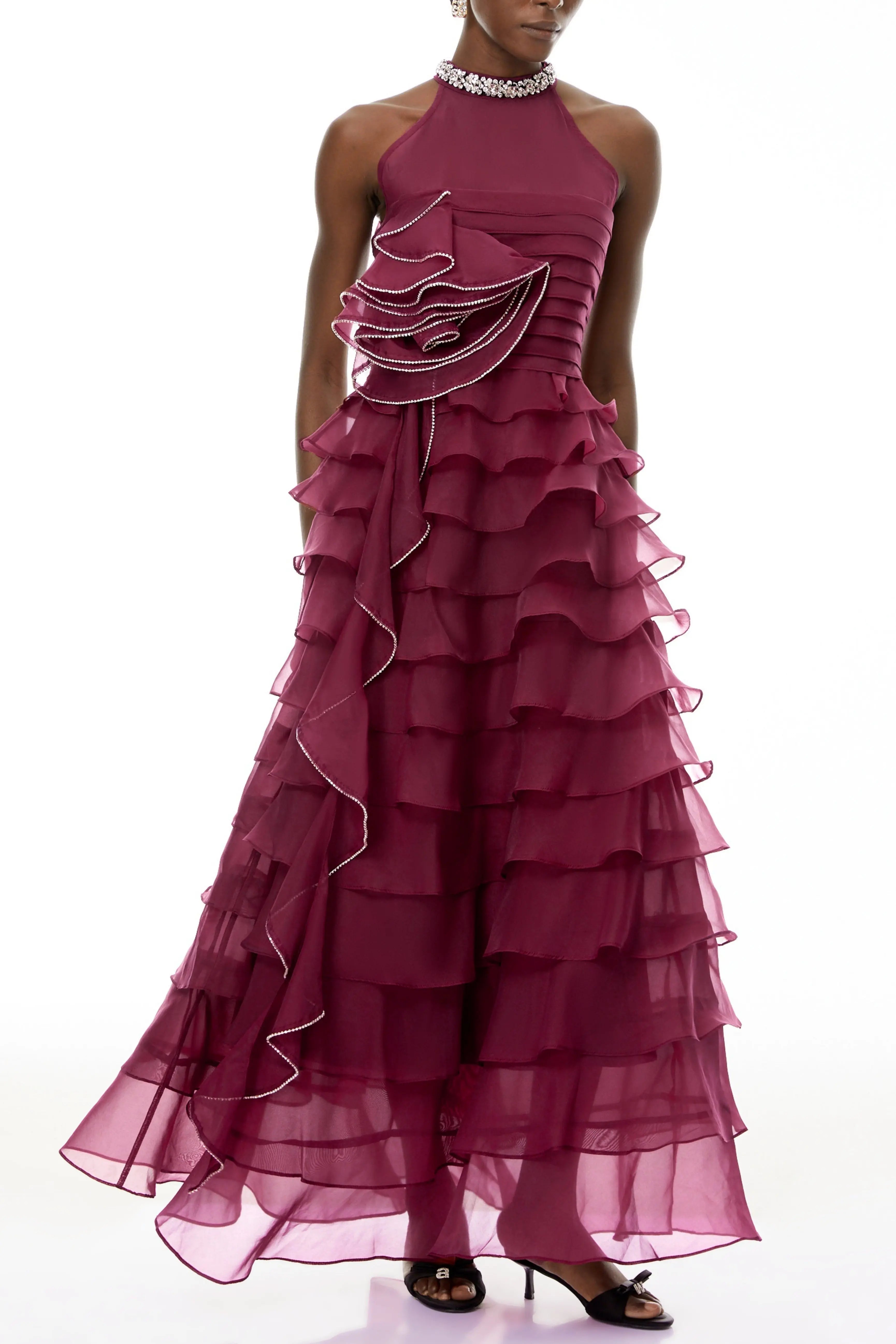 Red 3D Ruffled Rhinestone Embellished Maxi Dress