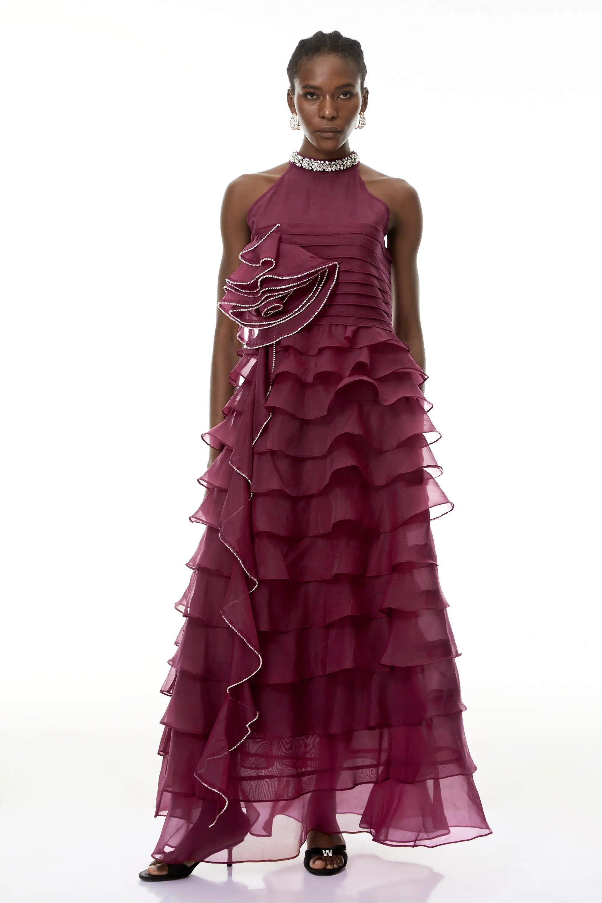 Red 3D Ruffled Rhinestone Embellished Maxi Dress