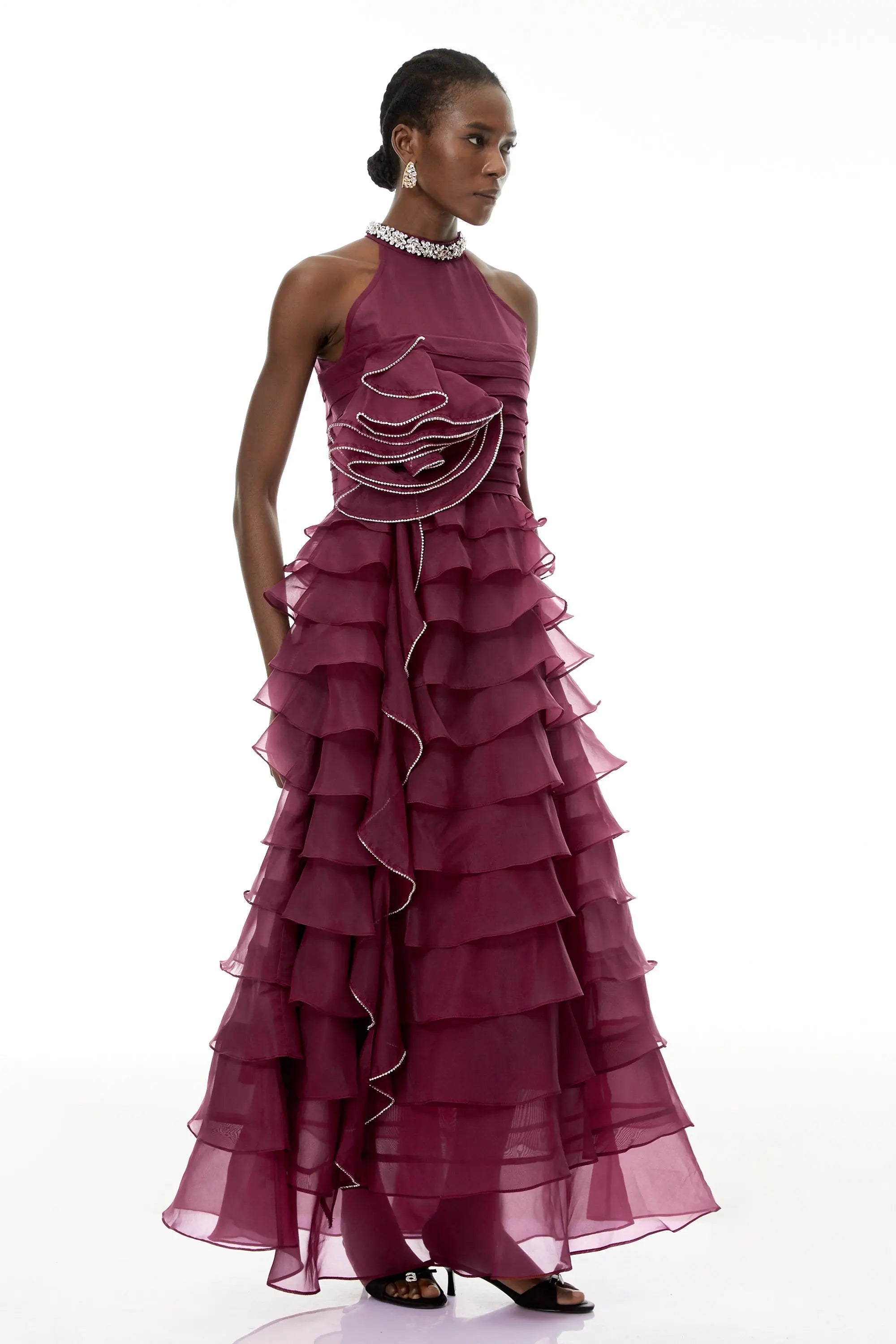 Red 3D Ruffled Rhinestone Embellished Maxi Dress