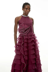 Red 3D Ruffled Rhinestone Embellished Maxi Dress