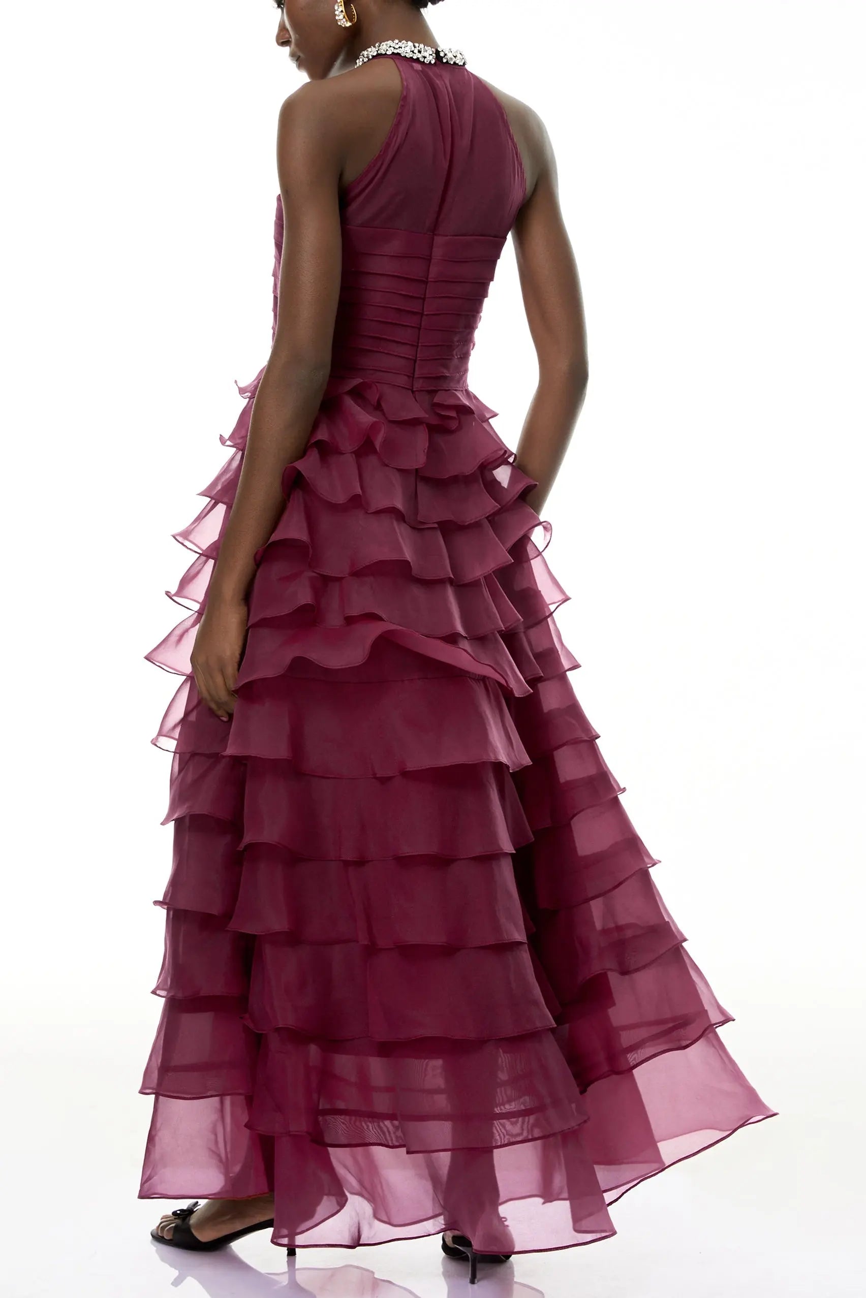 Red 3D Ruffled Rhinestone Embellished Maxi Dress