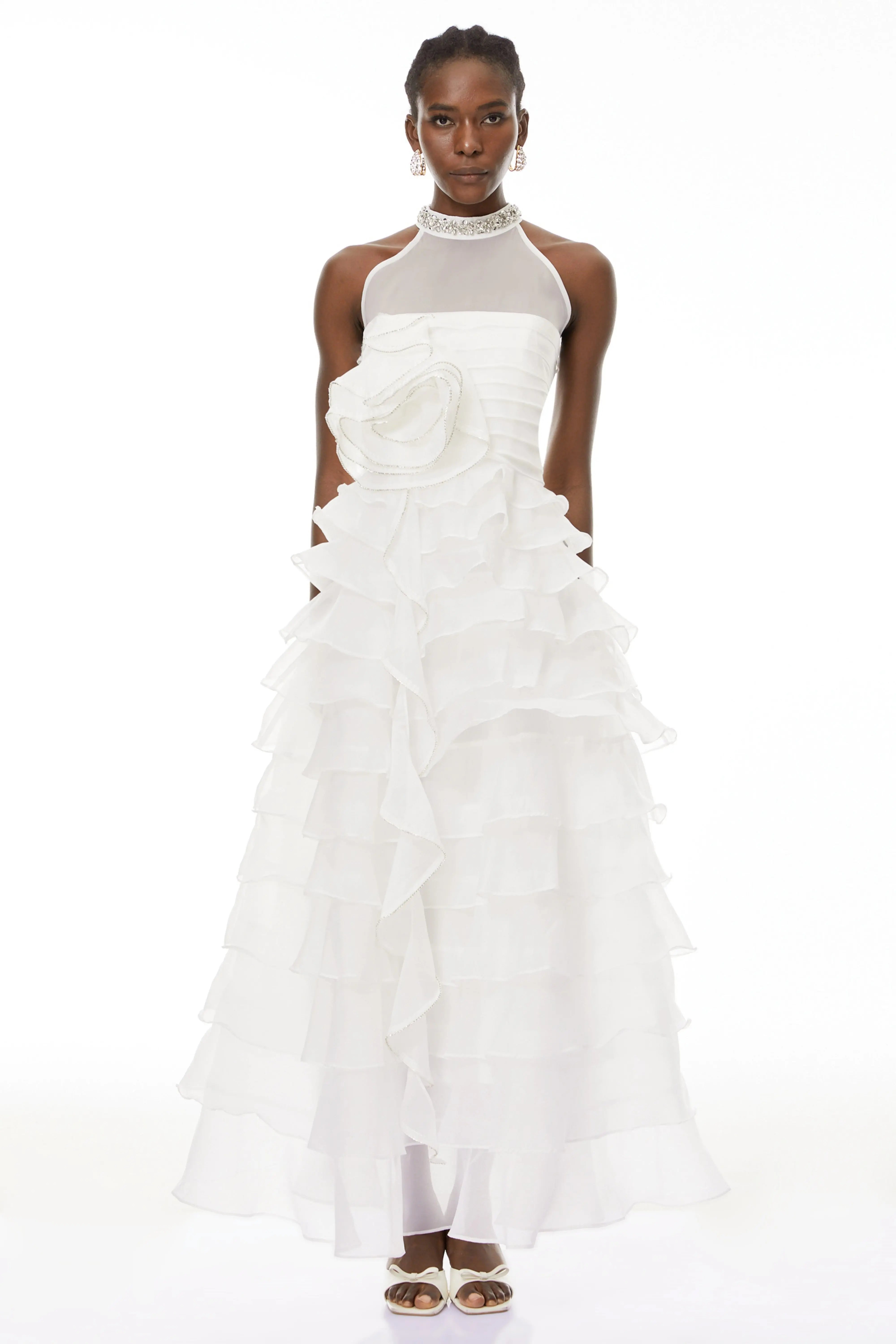 White 3D Ruffled Rhinestone Embellished Maxi Dress