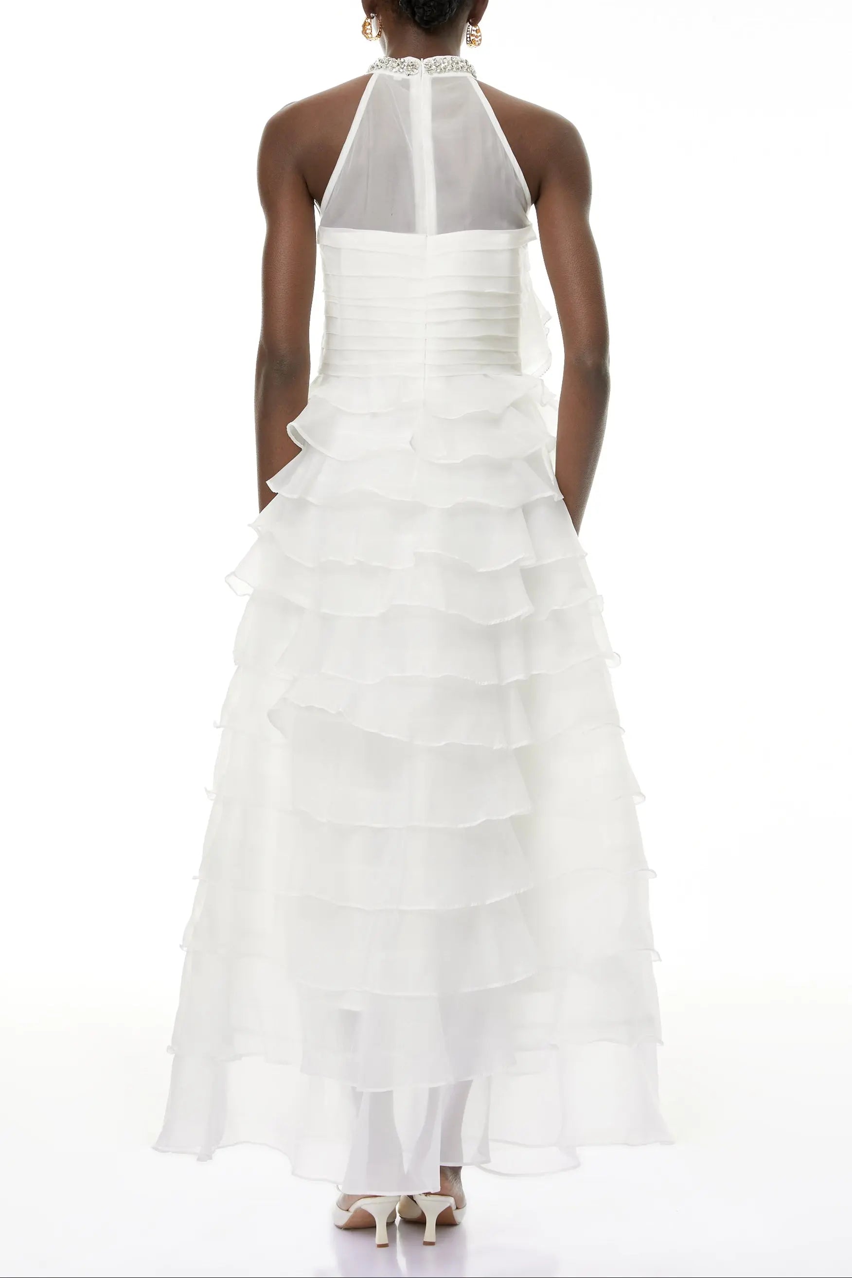 White 3D Ruffled Rhinestone Embellished Maxi Dress