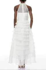 White 3D Ruffled Rhinestone Embellished Maxi Dress