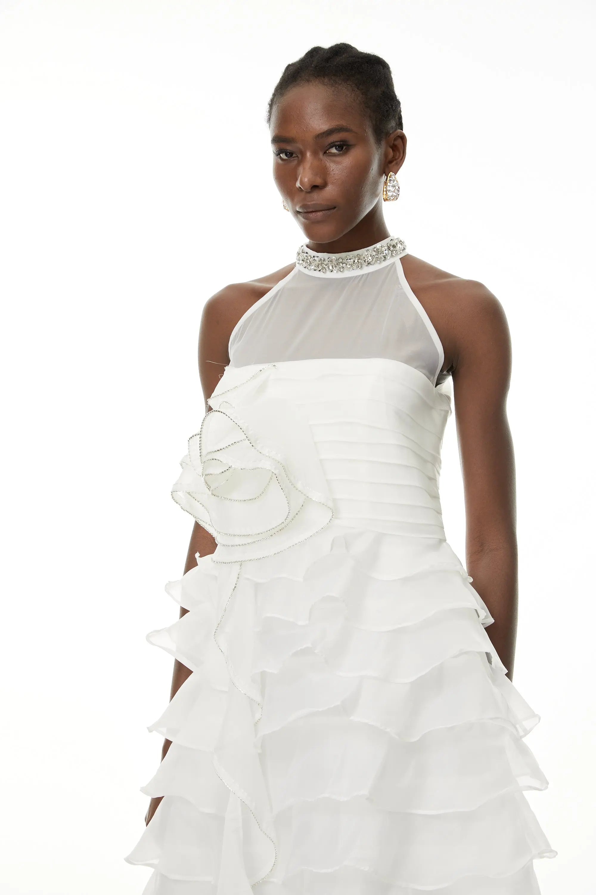 White 3D Ruffled Rhinestone Embellished Maxi Dress