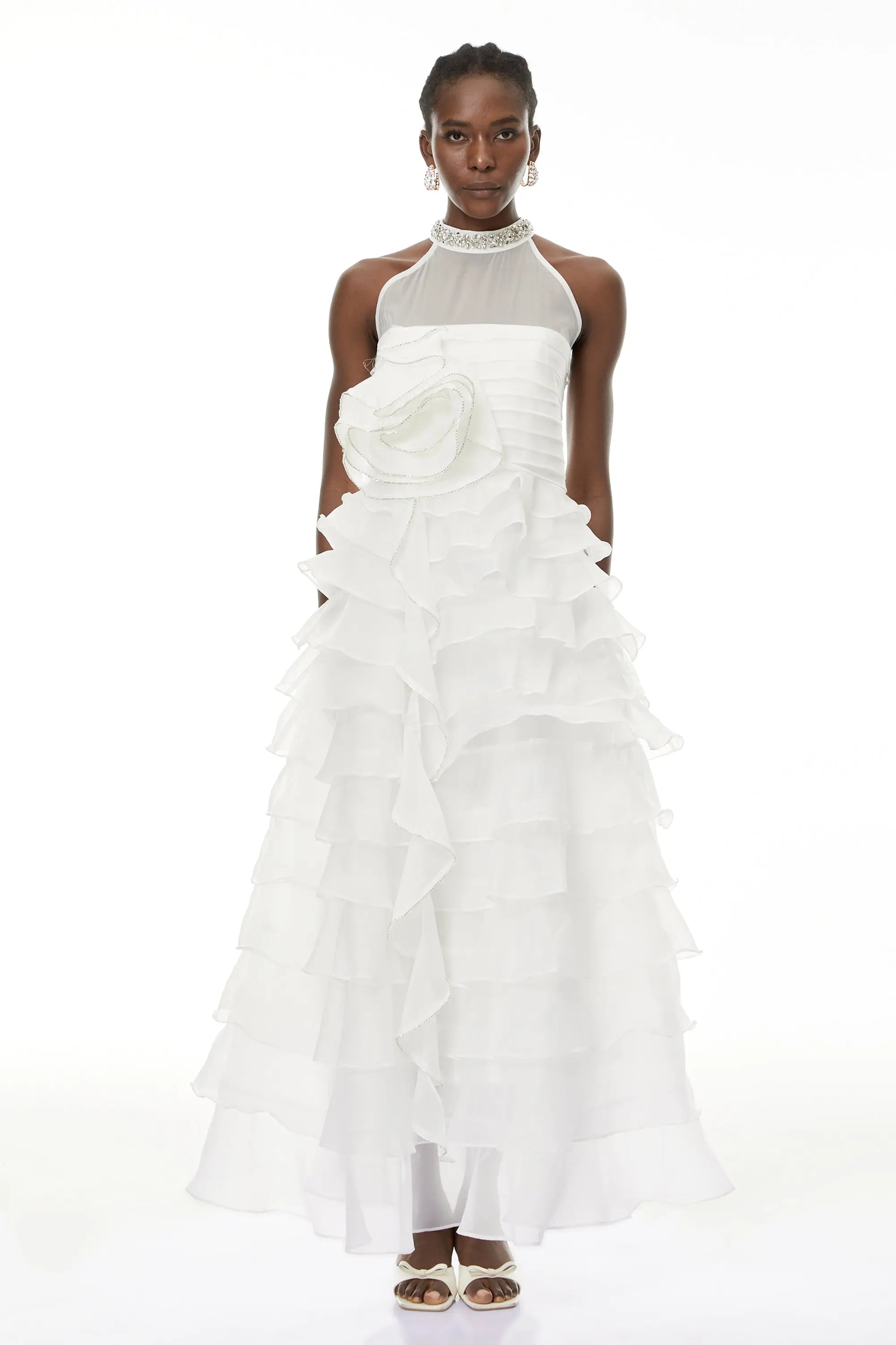 White 3D Ruffled Rhinestone Embellished Maxi Dress