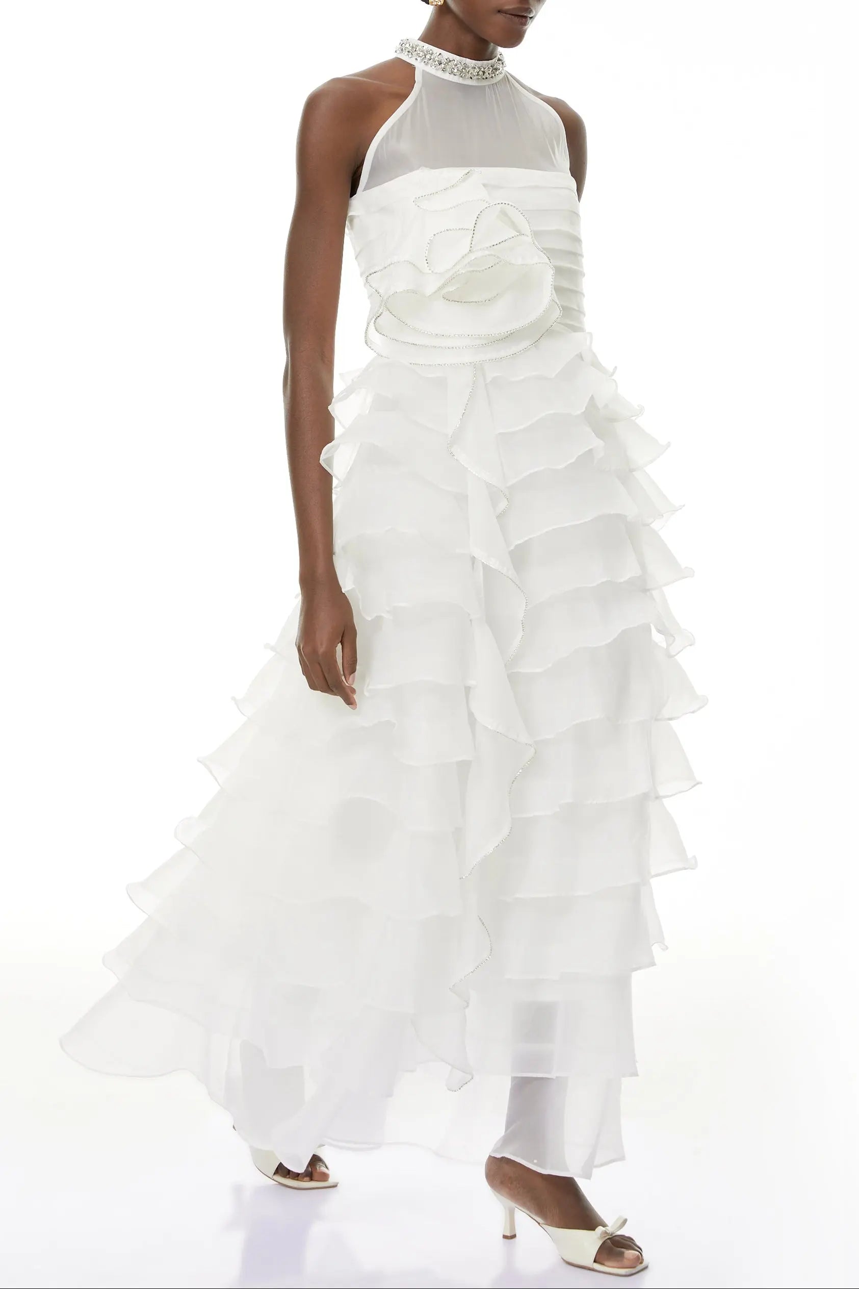 White 3D Ruffled Rhinestone Embellished Maxi Dress