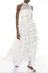 White 3D Ruffled Rhinestone Embellished Maxi Dress
