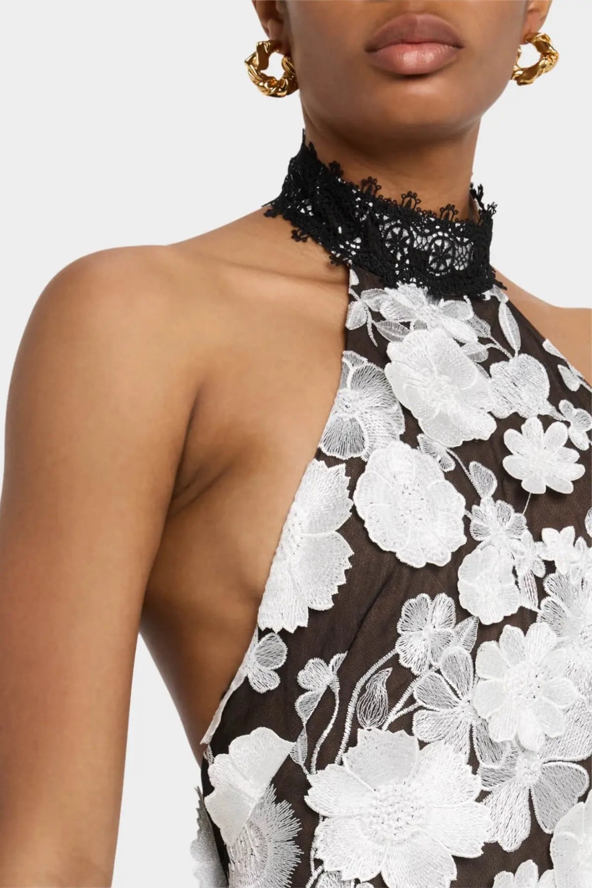 Black Halter Floral Embroidered Midi Dress