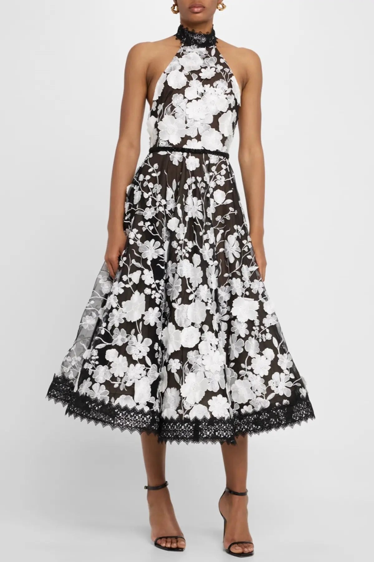 Black Halter Floral Embroidered Midi Dress