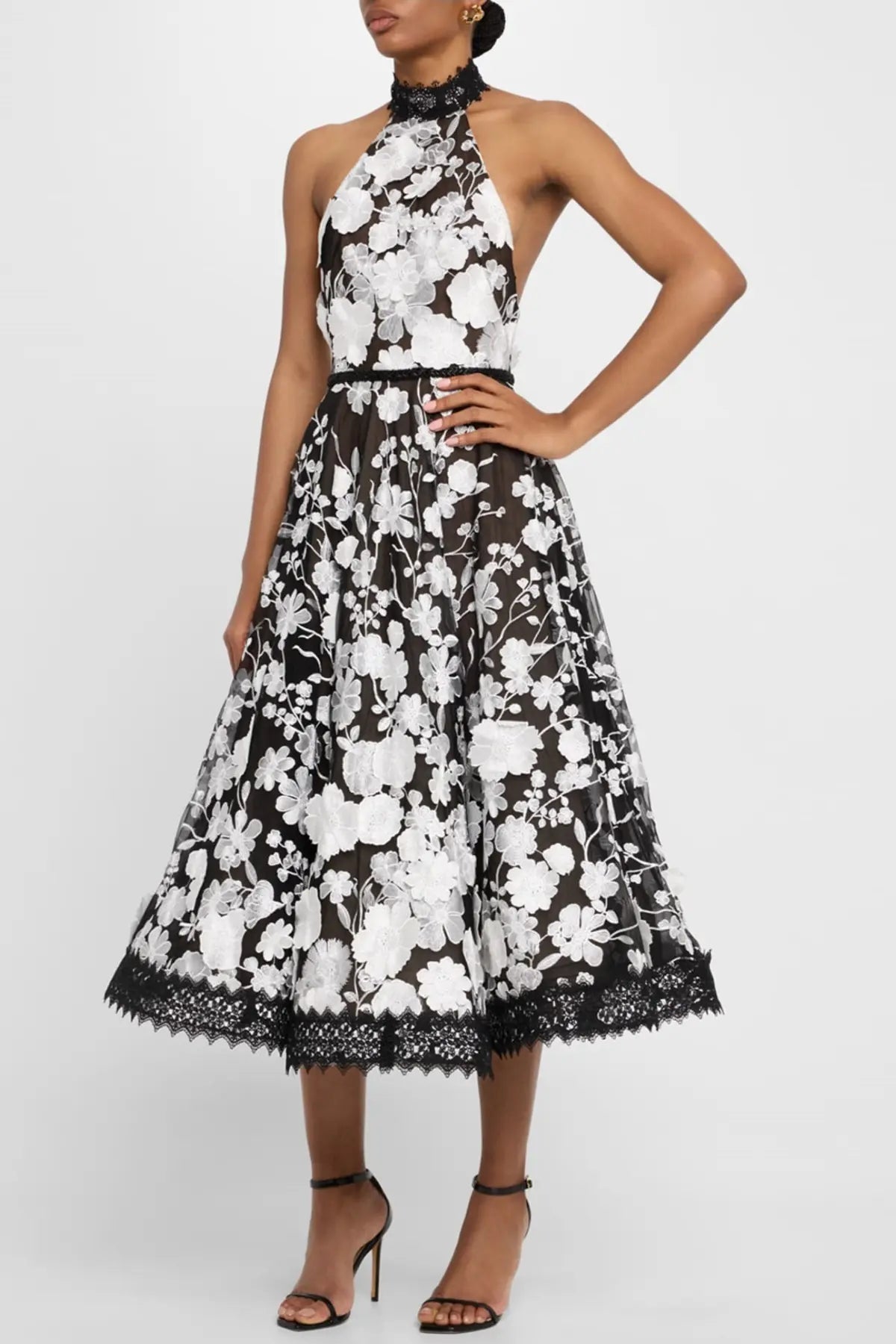 Black Halter Floral Embroidered Midi Dress
